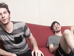 Gay studs strip to jerk off next to each other