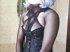Kigurumi in black pantyhose encased jerk off