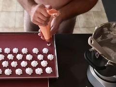 Cicci77 prepares the meringues, but first makes Pedro cum again to increase the amount of sperm in the meringues