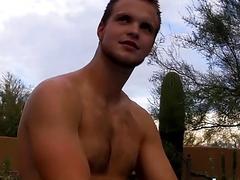 Hot buff jock strips nude outdoor before jerking off solo