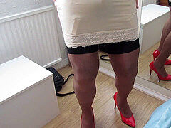 My taut nylon slip stockings and crimson high-heeled shoes