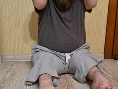 Dwarf undresses, strokes cum through tight foreskin