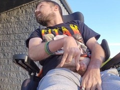 Disabled guy gets fucked in a wheelchair while caught jacking off in public