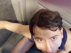 Young twink gets the opportunity for a shared blowjob at the nightclub from a horny chub