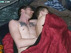 Stepfather raw dogging petite stepson in outdoor tent