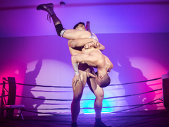 Muscular lads fuck in the boxing ring until their cocks splash sperm big time