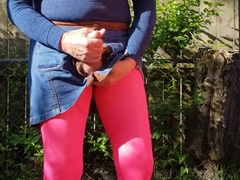 Cd outdoors, perceiving myself, fap and jism in my nylon stocking and micro-skirt.