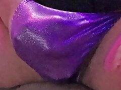 Playing with my bulge in a purple sissy satin thong