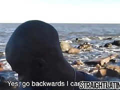 Young black jock sucks and tastes cum in threesome outdoor