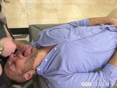 Shemale Ariel Demure helped Jock Joel Someone release his creamy load of cumwad