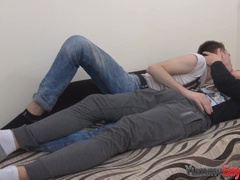 Lads deepthroat toes and drill