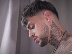 Hot tattooed stud Mike gives a magical blowjob and decorates his face with cum