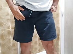 A bear guy peeing and masturbating in the shower