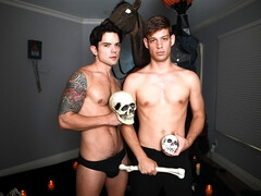 Horny guys enjoy Halloween foreplay at first
