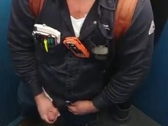 Bearded Bear Wanks Lollipop Outdoors in a Porty Potty