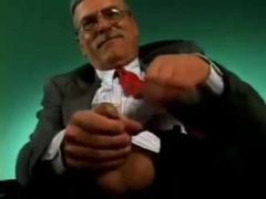 Old man with mustache and glasses masturbates