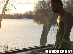 Bearded gay hunk goes to his retreat to jerk off alone