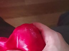 Lubed up and stroking my cock with my wife's satin panties