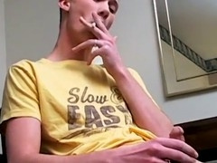 Braden Spence, a young twink, enjoys a smoke before jerking off alone