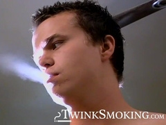 Tattooed Holden pullout cock and shoots load on his chest while blowing smoke