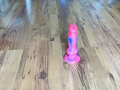 Footjob!  Gay twink jerking off huge Bad Dragon dildo