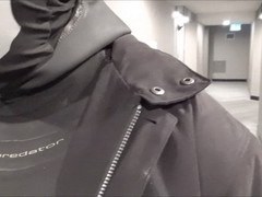 Jerking off in in hotel hall in wetsuit