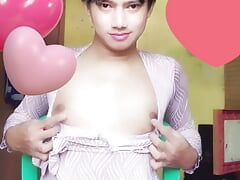Gay crossdresser masturbate wearing sister's dress