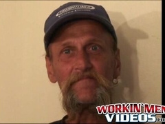 Bearded mature homo jerks off his big dick and comes hard