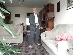 Old man jerk off and cum his big cock in suit