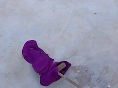 sweeping concrete floor with Pink Fuschia 4 dress