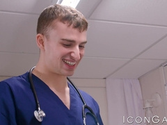 Naughty nurse Ryan Jacobs checks on his muscular patients veiny dick