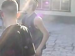 Group gay fetish spanking at the pool