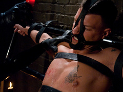 Naked male gets restrained and roughly stimulates in generous maledom