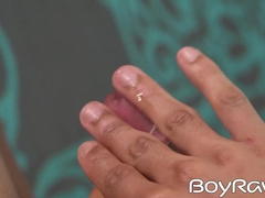 Skinny black twink Giorgio Angelo stuffs dildo & jerks off