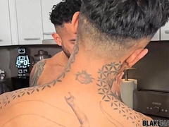 BlakeMason: Inked Fabio Toba snacks on Viktor Rom hefty lollipop in the kitchen