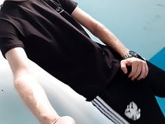 skinny russian lad wanks and cums in trackies