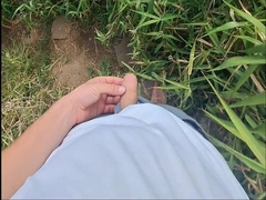 uncircumcised guy WS comp, guzzle, piss on humid cutoffs, outdoors