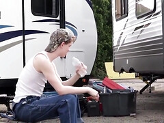 Inked male fucks his young gay friend in the van