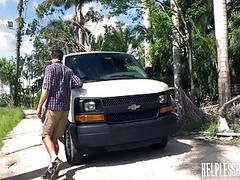 Hiker gets abducted and fucked in the car by a horny wan driver