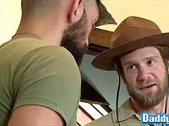 Military grizzlies are penetrated in four way while masturbating