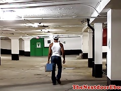 Ripped black mechanic jerking on his break