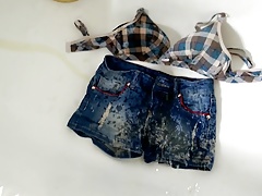 Piss and cum jeans shorts and bra