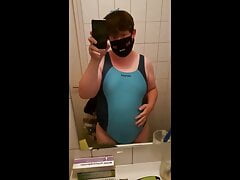 Chubby Femboy in Swimsuit Masturbating at the Shower