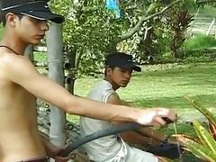 Twinks sucking dick and fucking hard in the garden