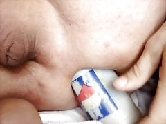 Alain-Filippe Inserting small bottle in his ass.