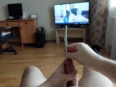 Cum shot thru manhood urethral butt-plug with penis head ring (slow-motility cum-shot)