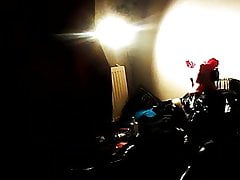 Jerking in the conner with simili bodysuit and pig mask