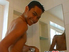 Cute little twink toying his taut culo while wanking off