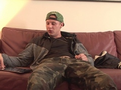 Inhibited teenage boy strips naked at audition and strokes his hard cock until he shoots his load