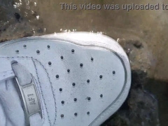 Jon Arteen demonstrates his hard-on, pees piss outdoor, puts his white sneakers in mess